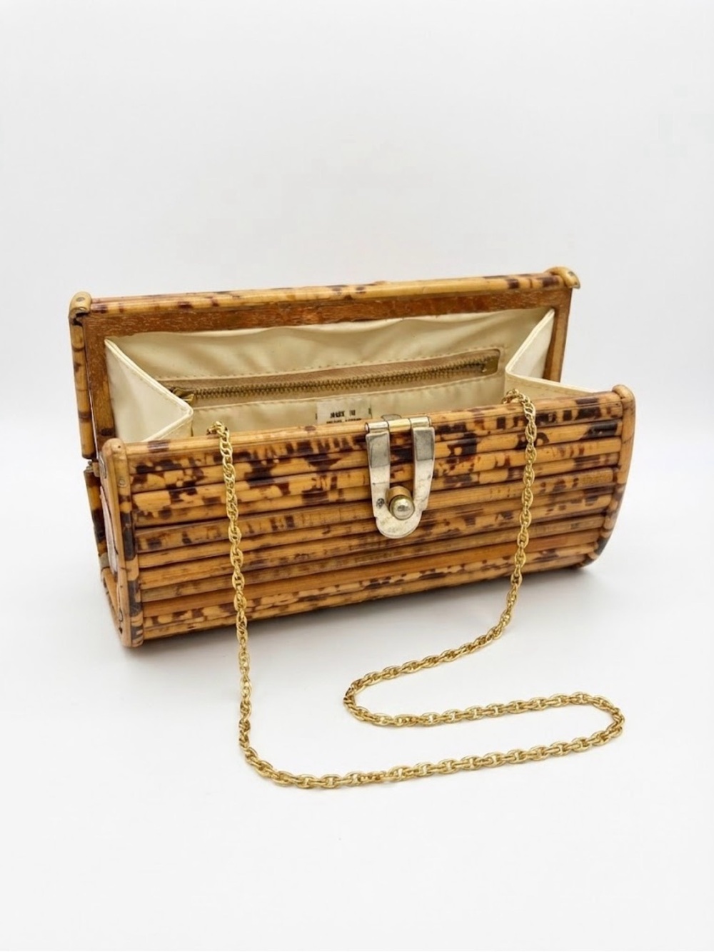 Vintage Tortoise Bamboo Slatted Hard Box Clutch Crossbody Bag Hong Kong